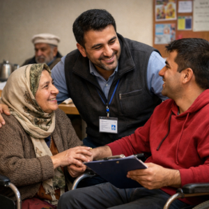 Afghan social support facilitator assisting an elderly woman and a participant during a community support group session at ADEC.