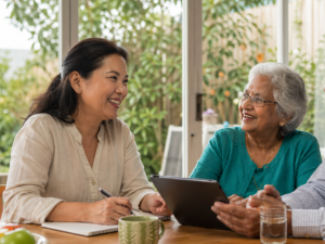 A care professional smiling and speaking with older adults at a table while reviewing information on a tablet in a bright home setting.